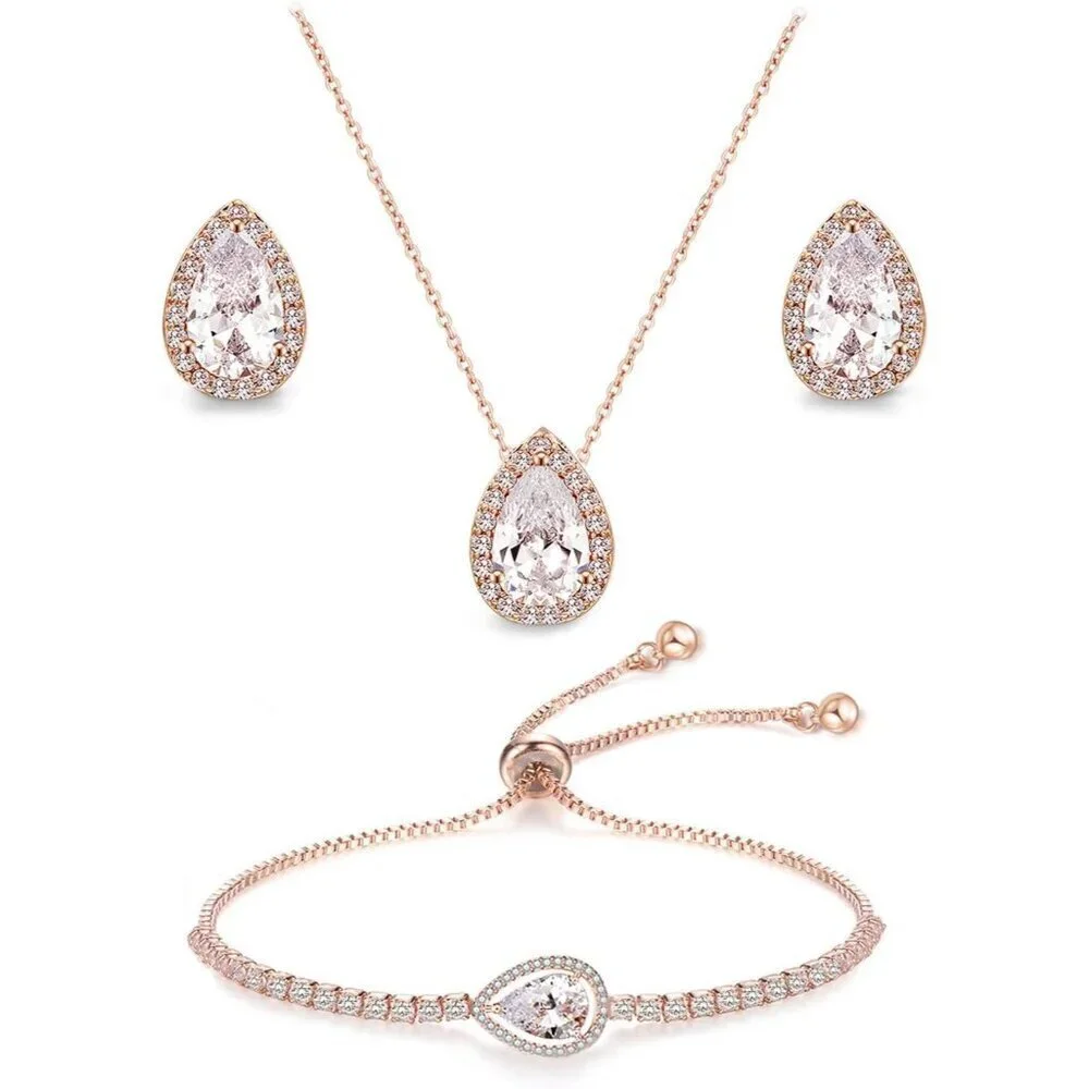 Jewelry Set Cubic Zirconia Teardrop Earrings Necklace Bracelet Bridal Wedding